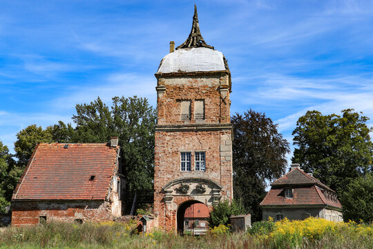 Historic gate tower with a beautiful entrance portal in the town of Biecz, Poland, Lubusz Voivodeship