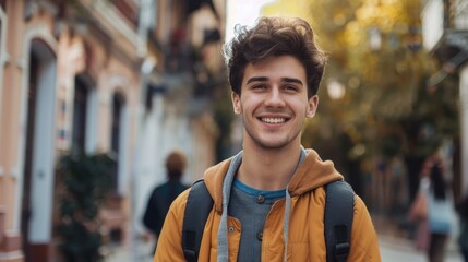 A young man with a backpack smiles at the camera. Suitable for travel and lifestyle concepts