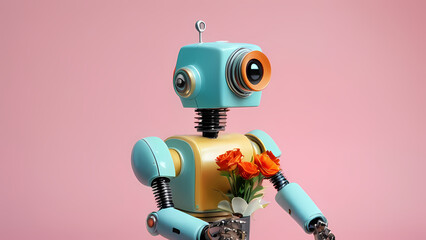 A Spring small retro vintage robot that has fresh flower on a pastel background. A futuristic way to show love during the holidays. Valentine, spring. blue screen robot toy, Generative Ai