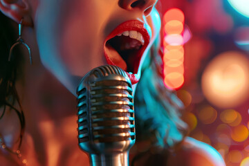  Closeup of a woman singing in a vintage microphone - 760595298