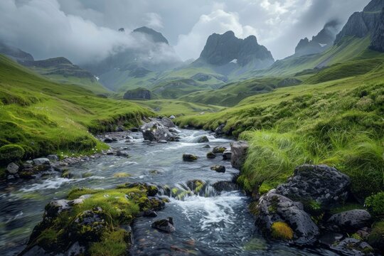 Serene Scotland landscape with mountains, stream, green hills, and dramatic clouds