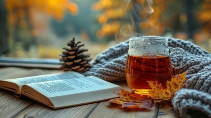 A Cup of Tea and a Book on a Wooden Table