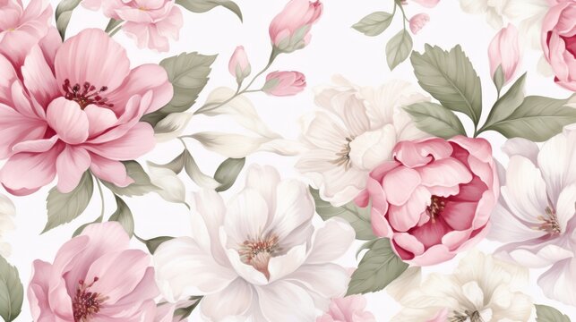 Floral wallpaper white and pink flowers and leaves