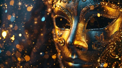 A detailed shot of a gold mask on a dark background. Perfect for mysterious and elegant designs