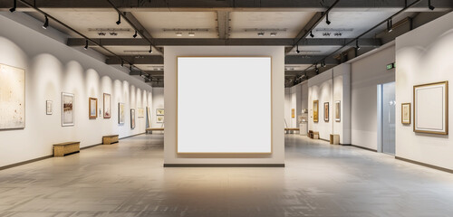 A large art exhibition with a white mockup poster that invites viewers to visualize their own artwork in the area - obrazy, fototapety, plakaty