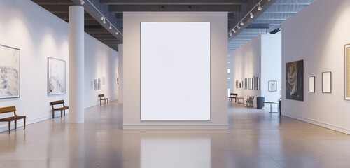 A high-key photograph of a white blank mockup poster in an art gallery, emphasizing its pristine simplicity and blank canvas for imagination