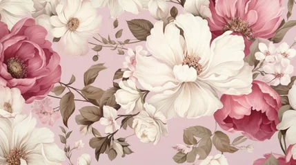 Draagtas Floral wallpaper white and pink flowers and leaves © Media Srock