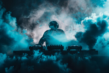 artistic photo of a DJ surrounded by a cloud of smoke and dynamic lighting, creating a visually...