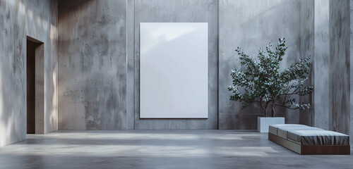 A minimalist art gallery interior featuring a white blank mockup poster, epitomizing simplicity and elegance - obrazy, fototapety, plakaty