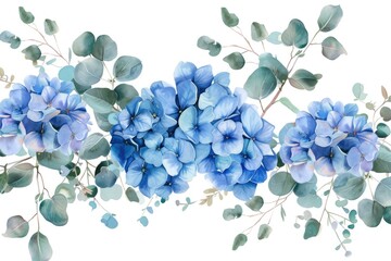 Hydrangea Flower Bouquets. Watercolor Floral Arrangement with Eucalyptus Leaves for Spring Decoration. Blue Hortensia Blossoms and Greenery