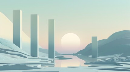 Minimalist Landscape with Monolithic Pillars Rising at Dawn