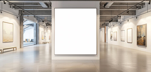 A spacious art gallery with a white blank mockup poster, inviting visitors to imagine their own artwork in the space