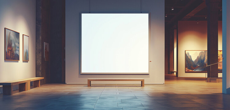 A white blank mockup poster illuminated by soft, diffused lighting in an art gallery creates a peaceful environment for reflection