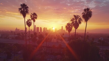 Fototapeta na wymiar Los Angeles Skyline at Sunset: Palm Trees, Skyscrapers, and Downtown Expressway Illuminated with Warm Glow