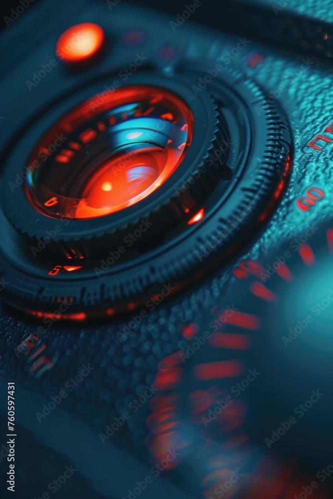 Poster a close up view of a camera with a red light. ideal for technology concepts