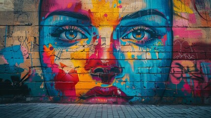 Colorful Mural Depicting Womans Face on Brick Wall