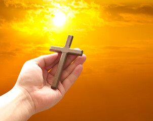 Cross in arm at sunset. Good Friday concept. 3d illustration