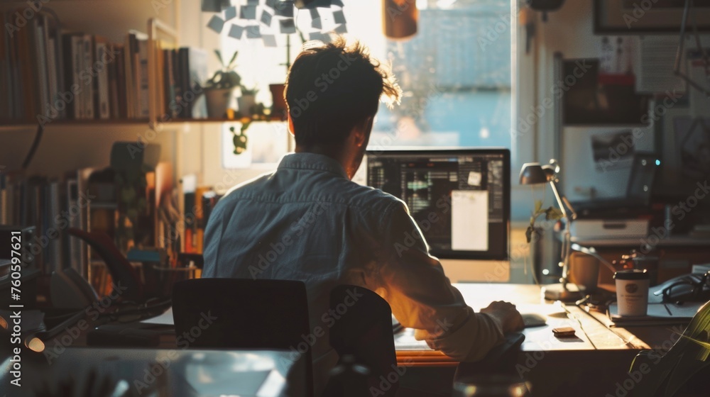 Poster a man sitting at a desk working on a computer, suitable for business or technology concepts