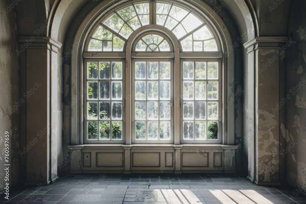 Poster a room with a large window and tiled floor. suitable for interior design concepts