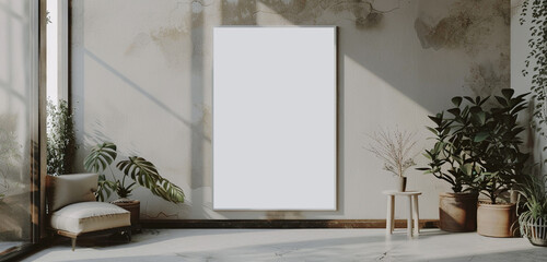 A white blank mockup poster that embodies simplicity and beauty is featured in the minimalist interior of an art museum