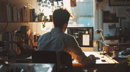 A man sitting at a desk working on a computer, suitable for business or technology concepts