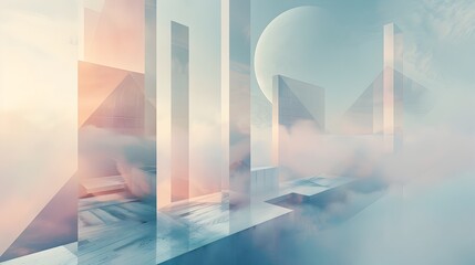 Floating Geometric Shapes in Ethereal Abstract Landscape with Futuristic Architecture