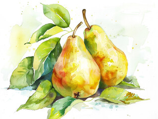 Illustration of a pear using watercolor. White background. Hand-drawn illustration.