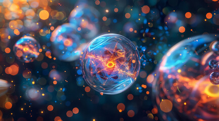 Translucent glowing spheres surrounded by orange and blue particles in a digital environment,ai generated