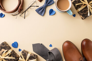 Father's day celebration set: top view image of gift boxes, stylish men's shoes, bow tie, eyeglasses, cup of coffee and heart shapes on beige background, ideal for father's day greetings