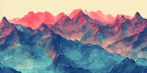 A stunning painting of a mountain range with a vibrant red sky. Perfect for nature lovers and landscape enthusiasts - obrazy, fototapety, plakaty