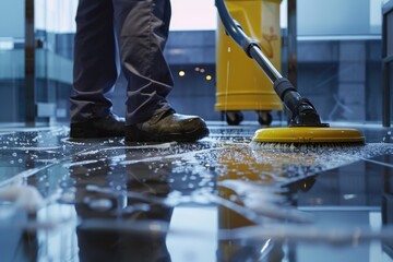 A man cleaning the floor with a broom. Suitable for cleaning services promotions