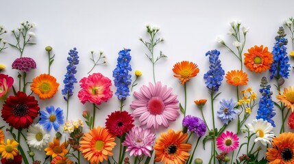 Colorful Assortment of Various Fresh Spring Flowers Lined Up on White Background