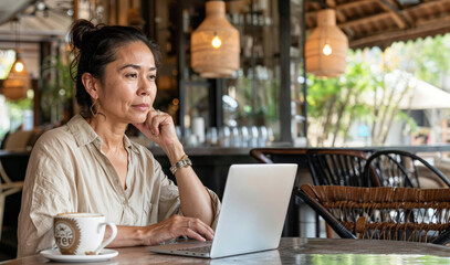 Professional senior Asian woman using laptop in modern cafe. Concept of showcasing active elderly engagement with technology and neural networks for work and social connectivity.