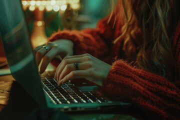 Woman in red sweater typing on laptop, suitable for technology concept