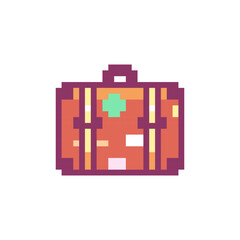 Obraz premium Pixel Art Vintage Handle Suitcase Icon. Vector Y2K 8Bit Sticker of Old Travel Bag. Cute Retro Journey Luggage Video Game Element for Graphic Decor.