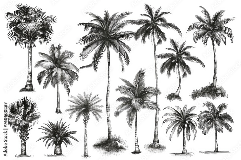 Poster a collection of palm trees drawn in black and white. suitable for various design projects.