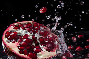 Juicy pomegranate with water splash, seeds bursting with healthy antioxidants. Vibrant and...