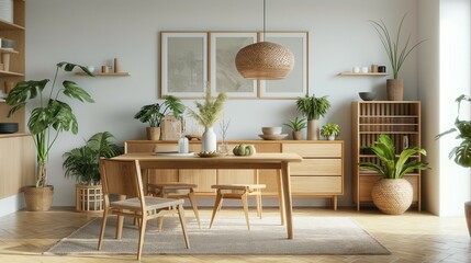 Wooden natural furniture with Scandinavian interior design. Table and chair