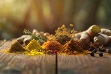Assortment of colorful spices on wooden table, enriching culinary experiences. Aromatic ingredients for healthy, flavorful cooking. Gourmet seasoning selection