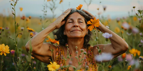 National Asthma and Allergy Awareness Month. Senior woman allergic to spring flowers. Flower pollen is a strong allergen
