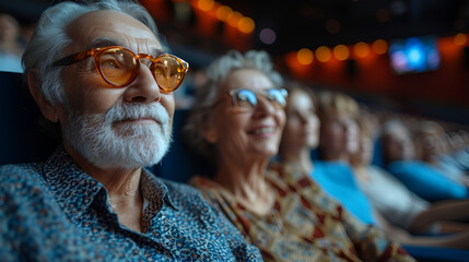 Active seniors at the movie theater  - stadium seating - blockbuster - cinema - comedy - drama - action 