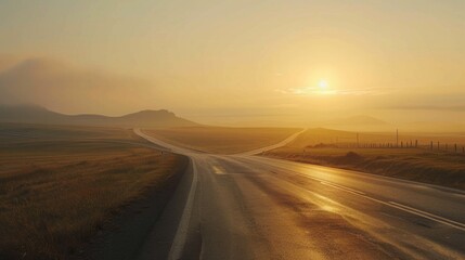 A picturesque view of the sun setting over an empty road. Perfect for travel and nature themes