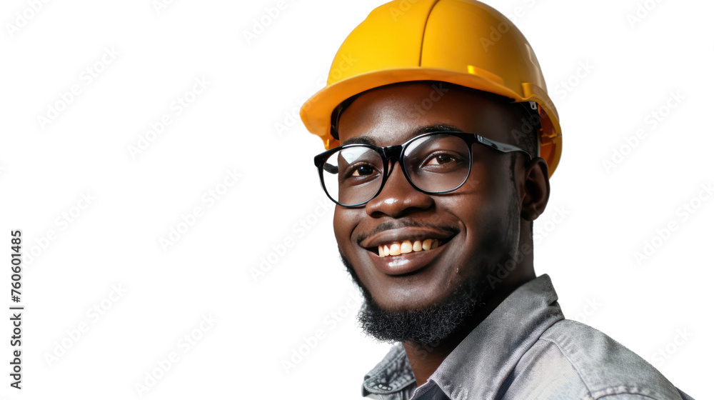 Poster portrait of a successful construction worker wearing a helmet amidst an engineering job isolated on 