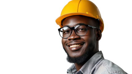 Portrait of a successful construction worker wearing a helmet amidst an engineering job Isolated on a transparent background.