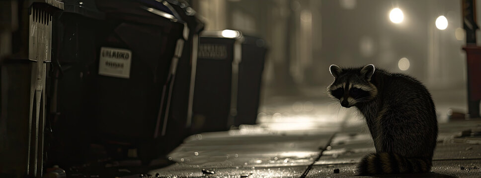 Raccoon, masked bandit, scavenging through city trash bins, foggy night, photography, Silhouette lighting, Vignette