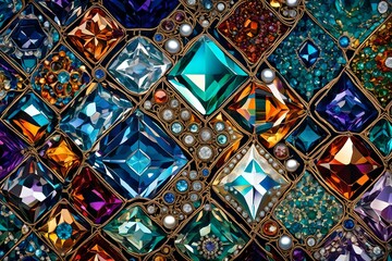 stained glass pattern, Colorful diamonds and pearls glisten atop a smooth land, creating a mesmerizing wallpaper in high resolution