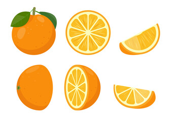 Fresh orange fruit set. Whole orange with leaves, oranges slices and cut orange fruit. Organic fruits for juice or vitamin C healthy food. Vector illustration isolated on white background.