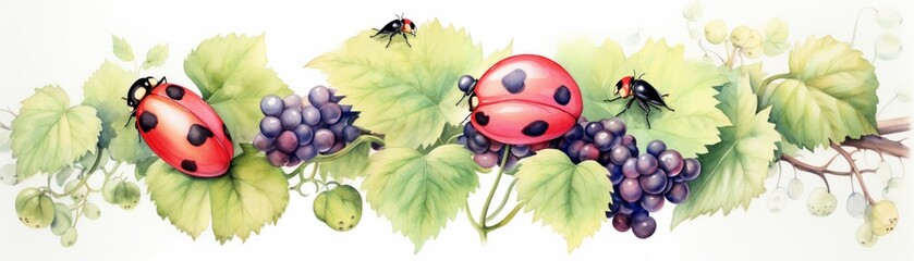 A joyful scene of ladybugs exploring a grapevine captured in a vibrant - obrazy, fototapety, plakaty
