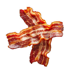 Crispy cooked bacon strips isolated on a transparent white background, showcasing their greasy texture and rich colors