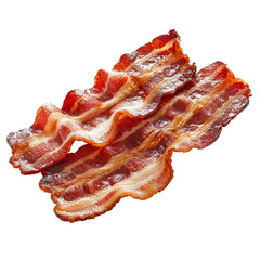 Crispy cooked bacon strips isolated on a transparent white background, showcasing their greasy texture and rich colors